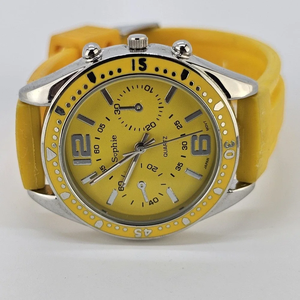 Sophie Women's Analog Watch 35MM Yellow Dial Yellow Plastic Bands NEW Battery